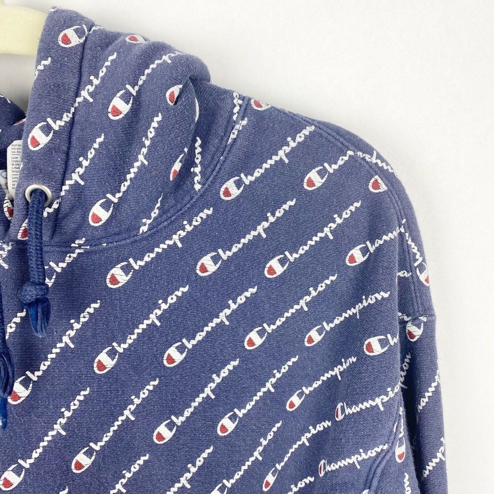 Champion Reverse Weave All-Over Graphic Hoodie Pullover Sweatshirt Size XS Blue - Picture 3 of 8